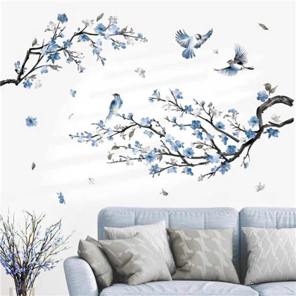 Blue Flower Wall Decals Watercolor Tree Branch Floral Stickers Bedroom Living
